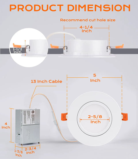 Product dimensions diagram of 4 Pack 4 Inch Swivel LED Recessed Light With Junction Box IC Rated Air Tight Ceiling Downlight 120V CRI 90