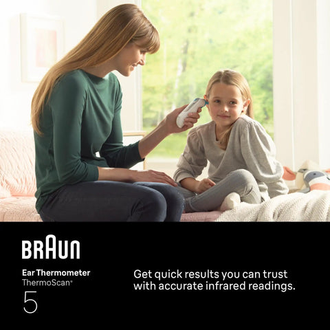 Digital Ear Thermometer With Easy Read Display For Kids And Adults, Fast Accurate Readings, Includes 2 AA Batteries, Protective Cap, And 21 Hygiene Caps For The Whole Family, Keeps Lens Clean For Reliable Temperature Readings. Mother using ear thermometer on child