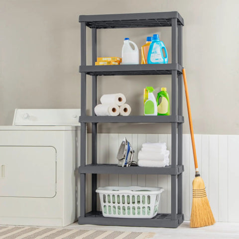 Hustle Proof Five Shelf Heavy Duty Plastic Storage Rack With Ventilated Perforated Shelves Holding Up To One Hundred Fifty Lbs Per Level For Garage Basement Project Organization with cleaning supplies.