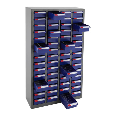 Rock Solid Heavy Duty Metal Parts Organizer Cabinet With Sixty Spacious Drawers Designed For Top Tier Hardware Storage And Easy Garage Workflow Backed By Cold Rolled Steel Construction And Impact Resistant Paint Finish, showing open and closed drawers.