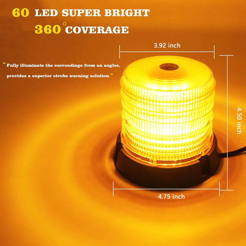 Heavy Duty 60 Led Amber Magnetic Strobe Light Featuring Hella Bright Illumination And Waterproof Build For Pickup Trucks Forklifts And Utility Gear Rock Solid Fitment With Plug And Play Simplicity That Gets Your Ride Noticed Instantly, showing 60 LEDs in a 360° coverage design.