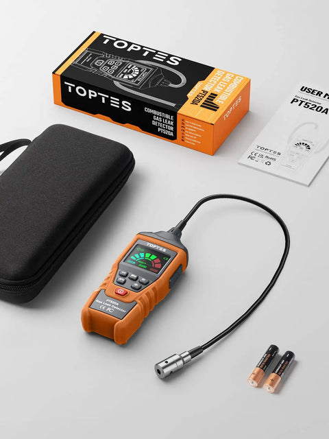 Gas Leak Detector With 17 Inch Gooseneck Probe That Sniffs Out Methane Propane And Other Combustible Gas Leaks In Tight Spaces For Home And RV Fast Warmup Includes 3 Batteries Green with accessories on display.