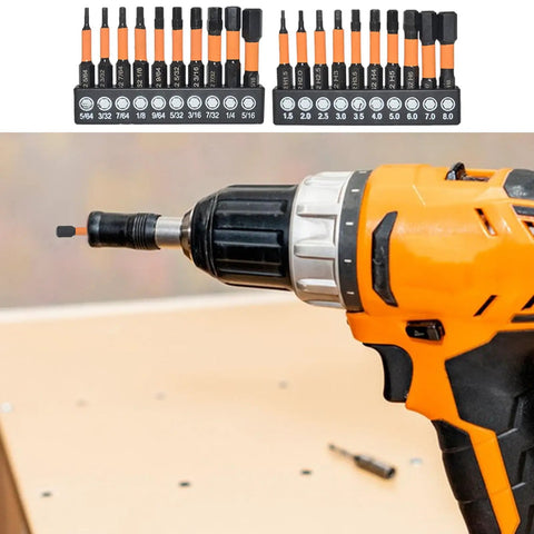 Versatile 20-piece Allen Wrench Bit Set Featuring S2 Steel Metric And Inch Hex Drill Kit For Heavy Duty Fastener Work, Perfect For Pro Mechanics Hitting All Your DIY Projects Without Hassle Or Fumbling With Multiple Tools. 20-piece S2 steel hex bit set in metric and inch sizes in drill and rack