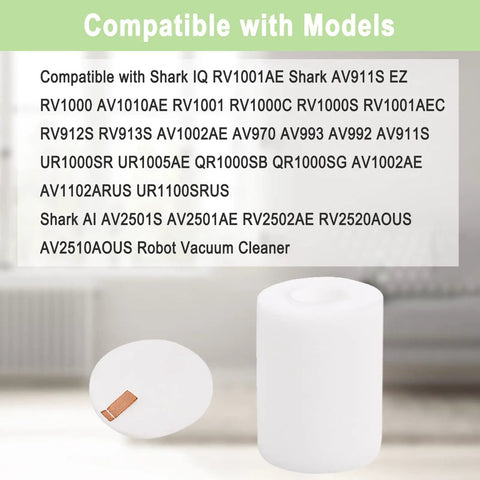 Six Pack IQ Base Pre Motor Foam Replacement Filters For Shark IQ And AI Robot Vacuums shown with compatibility list