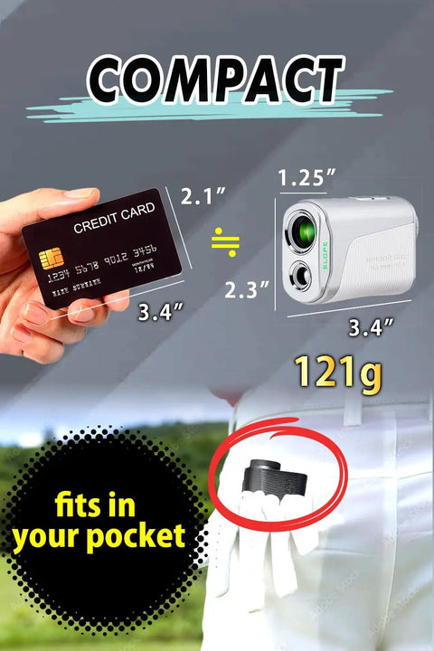 Pocket Friendly Golf Laser Rangefinder With Slope Toggle And Pin Lock Mode Delivers Dead On Readings Up To A Fresh 1000 Yards Across Any Fairway Featuring Crisp Lcd Screen And Super Dope Black Build For Weekend Warriors, showing compact size comparison to a credit card in hand.