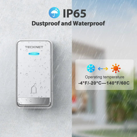 Wireless Doorbell Kit With Plug Through Design IP66 Waterproof 1300 Feet Range Cordless Chime 60 Ringtones And 5 Level Volume 0 To 110 dB Doorbell For Home Or Classroom shown in rain and temperature range