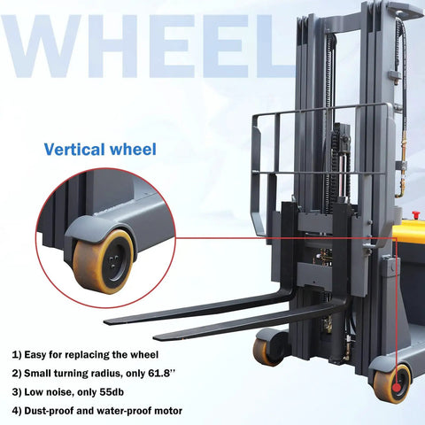 Heavy Hitter Electric Counterbalanced Stacker And Warehouse Material Lift Packing 3300 Lb Load, 177 Inch Max Height, close-up of vertical wheel.