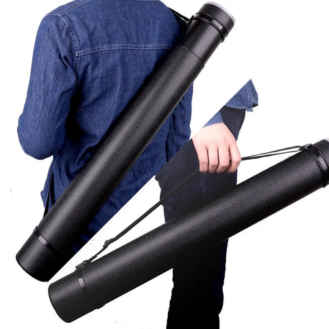 Bulletproof Extendable Poster Storage Tube With Quick Grip Straps And Easy Peasy Adjust From 24 To 40 Inches For Blueprints Artwork Maps And Rolled Posters In Matte Black Case held by a person.