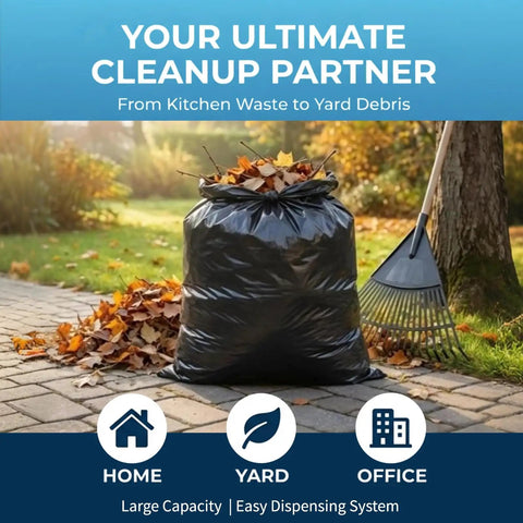 Heavy Duty 55 to 60 Gallon Trash Bags Thick 2.1 Mil 39 by 55 Inch Garbage Liners filled with leaves in a yard