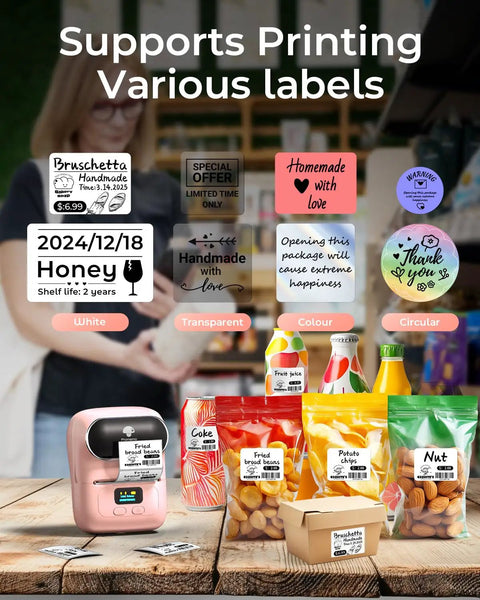 No Sweat Portable Thermal Label Printer With Crisp Built In Display And Smartphone App Hookup For Home And Small Business Quick Print Name Tags Price Stickers Cable Wraps Jewelry Cards Up To Fifty Millimeters Wide printing various labels for food items and packages.