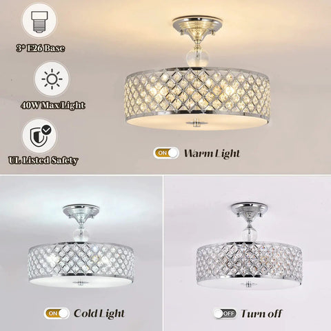 Crystal Chrome Ceiling Light Fixture With 3 Lights Flush Mount Round 15 Inch Chandelier showing warm and cold light settings.