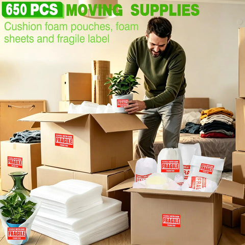 650 Piece Moving Day Essential Dish Packing Gear With Foam Pouches In Four Sizes Foam Sheets 350 Fragile Stickers And Marker Pen
