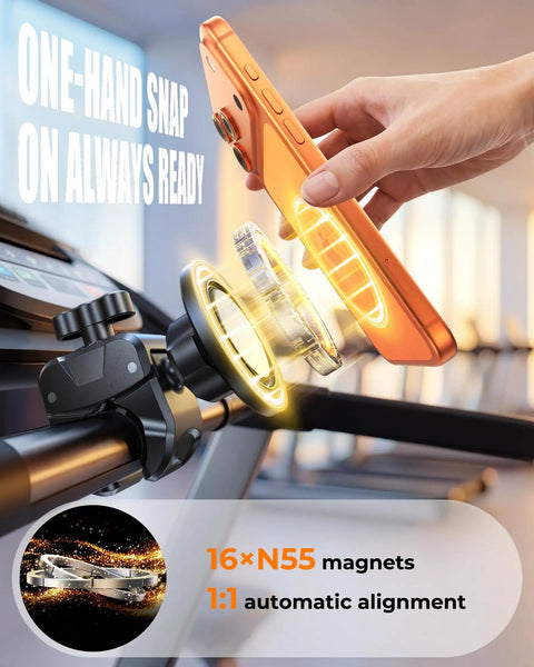 Magnetic Gym Phone Holder With Clamp For Treadmills, Exercise Bikes, Golf Carts And Shopping Carts, 16x N55 Strong Magnets, 360 Rotation