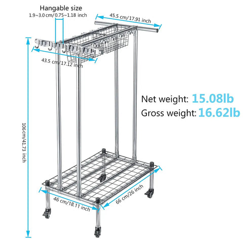 Dimensions of Stainless Steel Garden Tool Organizer Tower Rack With Wheels, 106 cm height and 66 cm width, showing tool slots and baskets.