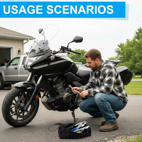 Man using Motocross Tool Kit 15 Pcs All In One Ride Ready Set For Japanese Motorcycles Terrain Vehicles And Snowmobiles