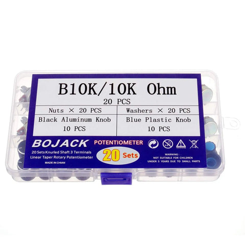 10K Ohm Rotary Potentiometer Kit 20 Sets Linear Taper Single Turn Potentiometers With Knurled Shaft 3 Terminals Carbon Film Black Aluminum And Blue Plastic Knobs Nuts Included For DIY Audio Gear And Electronics in plastic case