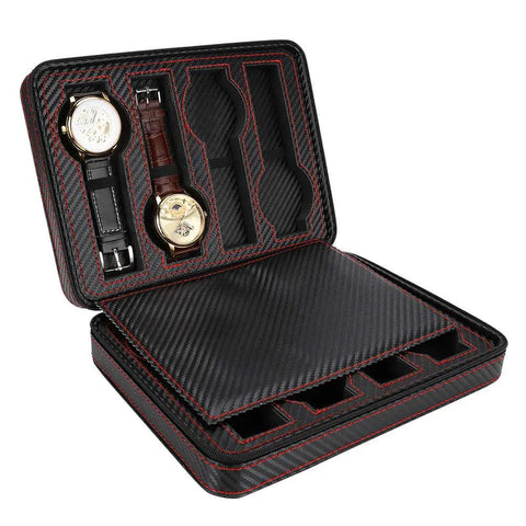 Solid Eight Grid Wristwatch Storage Box Built Tough With Heavy Duty Carbon Pu Leather And Adjustable Splitter Plate, open view with two watches.