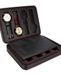 Premium Eight Grid Watch Display Tray With Genuine Leather Exterior And Heavy Duty Divider Plate For Smart Countertop Flex And Scratch Proof Setup To Keep Your Collection Locked In Style showing two watches in black and red organizer.