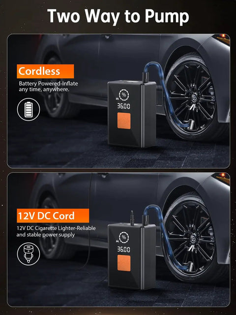 Cordless Tire Inflator Air Pump With 22 Cylinder Power 40 L Per Min 6X Faster Than Traditional 150 PSI Portable Air Compressor For Cars showing two power options.
