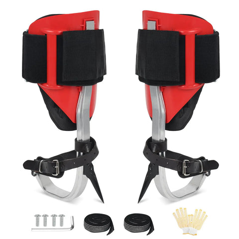 Pro Grade Tree Climbing Spikes Kit With Adjustable Steps, rust resistant red pads, alloy steel spikes, heavy duty gear for arborists.