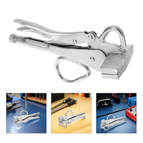 Heavy Duty Pro Grade Auto Body Clamp Pliers With Extra Wide Duckbill Jaw for metalworking and welding, shown on workbench.