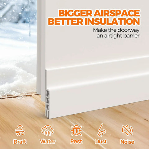 Holikme white door draft stopper with adhesive strip installed along the bottom of an interior door.