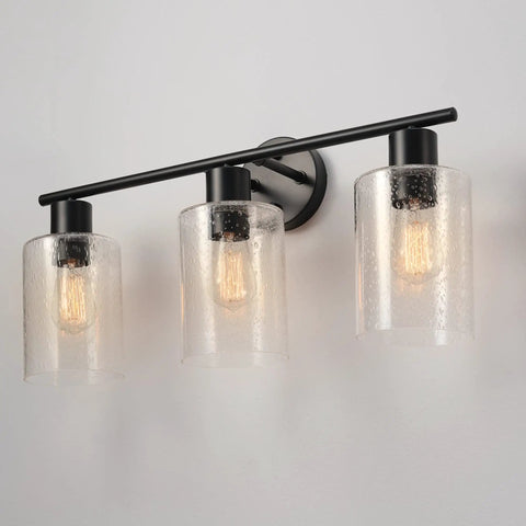 Bristol 5 Piece All In One Matte Black Bathroom Set With Dimmable 3 Light Vanity Light Featuring Seeded Glass Shades