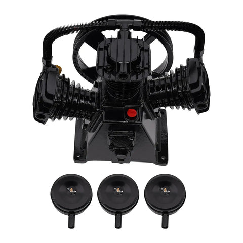Heavy Duty 4 To 5 Horsepower Replacement Air Compressor Pump Head with 3 cylinder design and included accessories.