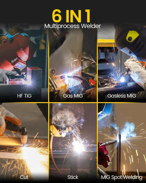 Beast 200A Plasma Cutter Welder Combo 7 In 1 Multi Process Welder showing TIG, MIG, gasless MIG, cut, and stick welding options