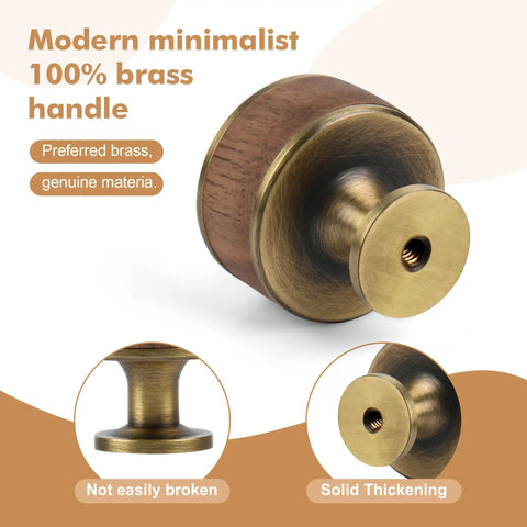 Dope Walnut Wood And Antique Brass Cabinet Knobs Set 5 Pack, close-up view showing walnut wood and antique brass design.