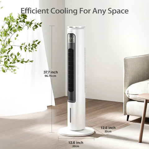 Turbocharged Evaporative Air Cooler Tower Fan With Remote, 37.7 Inches Tall, shown in a living room setting