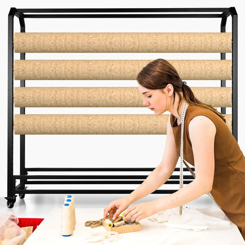 Woman organizing on table with adjustable hanging rod bracket floor to ceiling display rack for quilting fabric storage in background