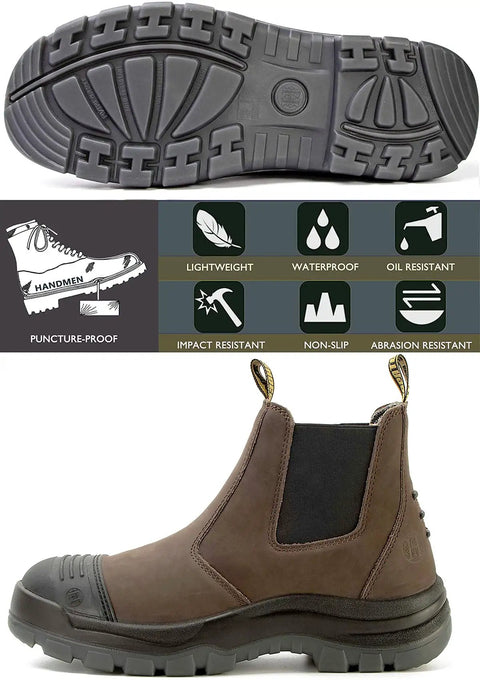 Soft Toe Waterproof Slip On Work Boots For Men With Wide Toe Box Slip Resistant Anti Static Safety Shoes For Tough Job Sites sole and features