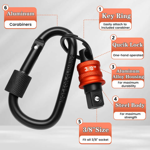 Five Piece Socket Holder Key Chain With Quick Release Carabiner For Three Eighth Inch Drive Sockets with aluminum body.