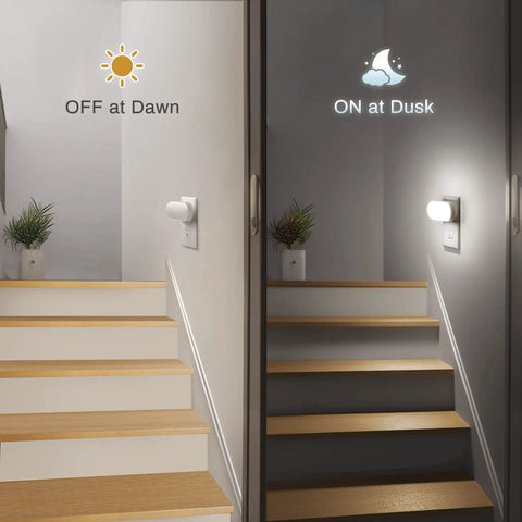 Split image showing LED night light on stairway, off at dawn and on at dusk, illustrating Led Night Light Easy Plug In Wall 2 Pack With Dusk To Dawn Sensor Dimmable 0 To 100 Lumens 5000K Soft White For Bathroom Hallway Bedroom Kids Room Stairway Night Time Safety.