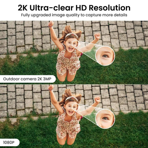 Comparison of 2K Indoor Outdoor Security Camera System For Pets And Family Color Night Vision White Light Siren 24 Seven recording with standard 1080p.