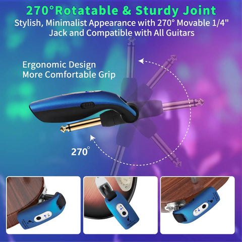 2.4GHz Wireless Guitar System With Transmitter And Receiver, Rechargeable, Four Channels, 270 Degree Rotatable Plug