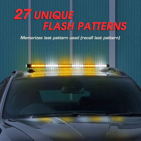 37.5 Inch 78 Led Strobe Light Bar Built Like A Tank With Slap And Go Magnetic Mount Amber And White Warning Flash Beam for Cars Trucks in action showing 27 unique flash patterns.