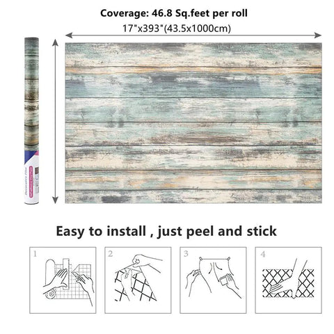 Rustic Wood Look Contact Paper Peel And Stick Self Adhesive Wallpaper roll, blue plank grain, 17x393 inches, installation steps shown