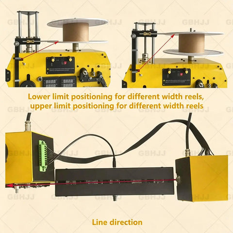 Desktop 3D Filament Extruder Recycler With Auto Coil Winding showing positioning settings for reel sizes and line direction.