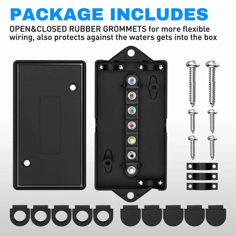 7 Way Trailer Junction Box Weatherproof Connector For RV Camper Caravan Boat with screws, grommets, and terminal studs