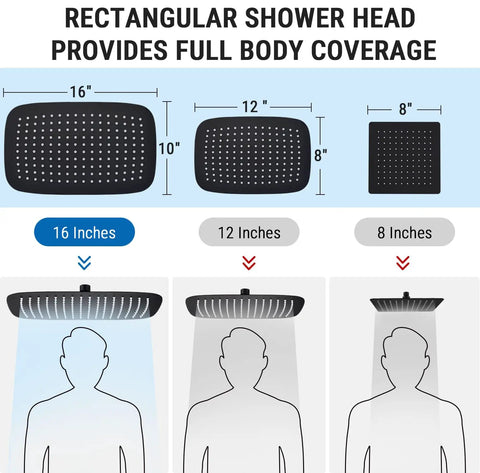 Premium 16 Inch All Metal Rain Shower Head With Handheld Combo In Matte Black shows size comparison of 16, 12, and 8 inch shower heads.