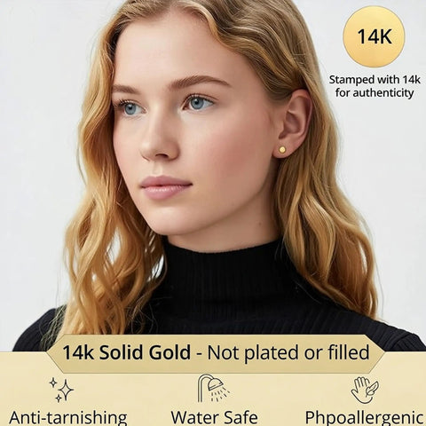 14K Yellow Gold Ball Stud Earrings 5mm No Tarnish Hypoallergenic Everyday Jewelry For Work And Dress Up Classic Polished Gold Balls That Won't Fade Or Turn Your Ears Green. model wearing 5mm 14K yellow gold ball stud earring