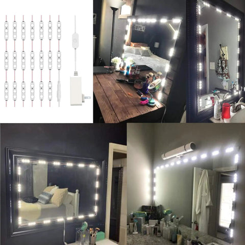 Various setups using 10Ft LED Vanity Lights With Dimmable Touch Control For Makeup Table And Bathroom, Ultra Bright White LEDs, Mirror Not Included.