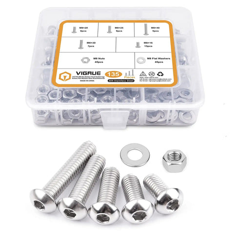 M8 Button Head Socket Cap Screws Kit 16 20 25 30 40mm Lengths 1.25mm Pitch Internal Hex Drive 5mm Allen Includes Washers Nuts Heavy Duty Stainless Steel 304 Bright Finish 135 Piece Set