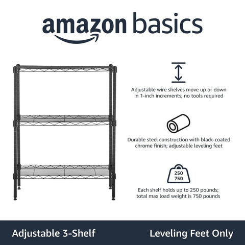 Heavy Duty Steel Wire Rack Shelf 3 Tier Adjustable Storage Organizer For Garage Kitchen No Sweat Setup Holds Just About Anything Built Tough To Organize Your Home Fast Black - Showing adjustable black steel shelves.