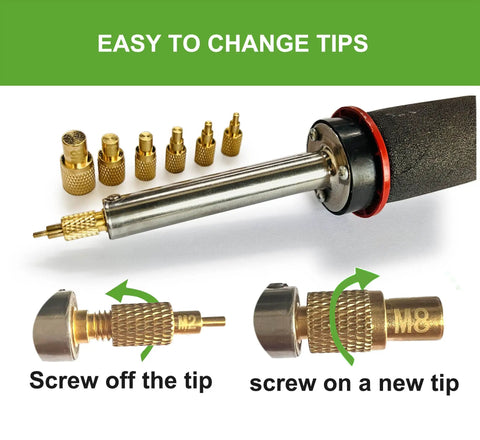 Heat Set Insert Tip Set for Soldering Irons M2 to M8 No Fuss Quick Change Heads showing easy tip screw-on and off process