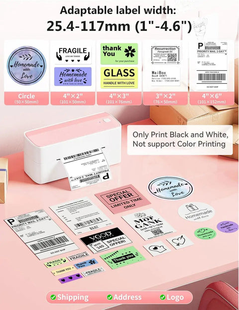 Bluetooth Thermal Label Printer For 4x6 Shipping Labels, Wireless, Small Biz Ready, Pink Color, on a desk printing labels