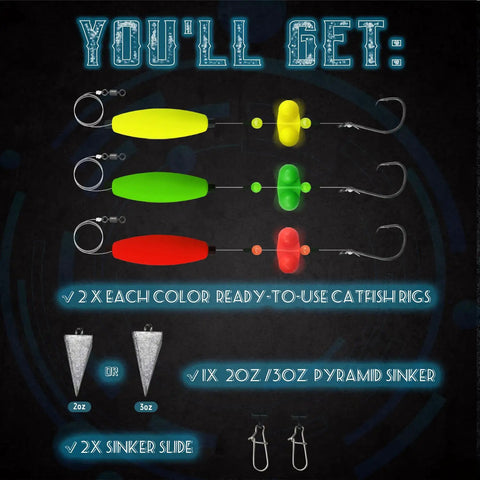 Catfish Rig Set With 6 Pre Tied Rigs 2 Sinker Sliders And 2 Ounce Pyramid Sinkers Circle Hooks Size 6 Zero Santee Rig Kit