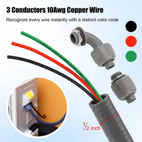 Half Inch Outdoor Power Whip Kit With Four Foot Liquid Tight Nonmetallic Flexible Conduit And Three Conductors Of Ten Gauge THHN Wire AC Disconnect Box Weatherproof Outdoor Electrical Hookup with color-coded wiring.